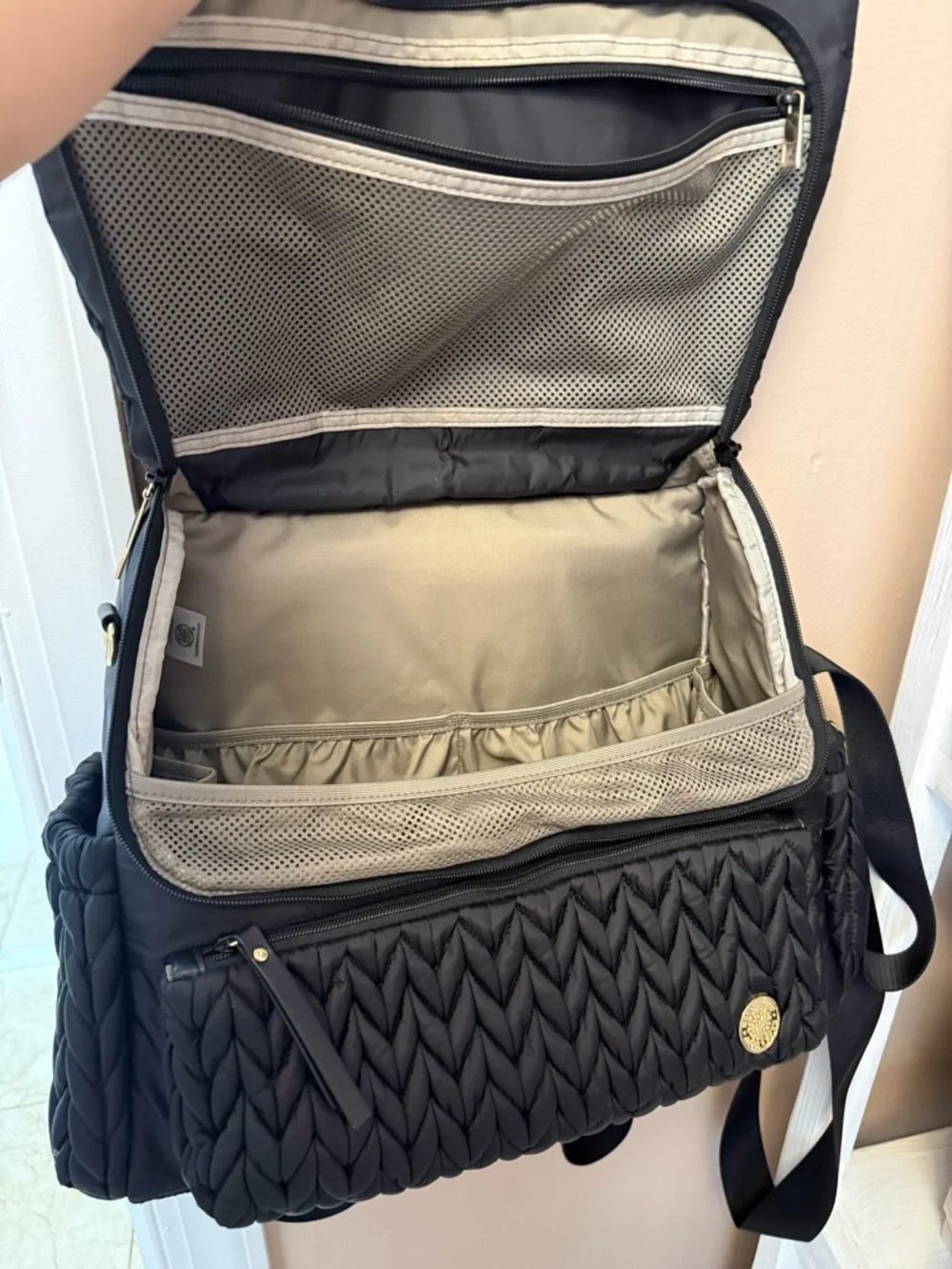 Quilted Black Baby Backpack Bag with Gold Accents